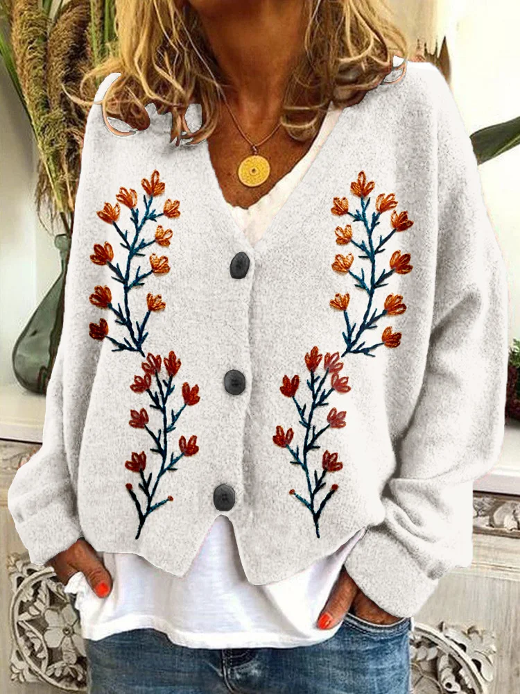 VChics Wildflower Floral Embroidery Art Cozy Knit Cardigan