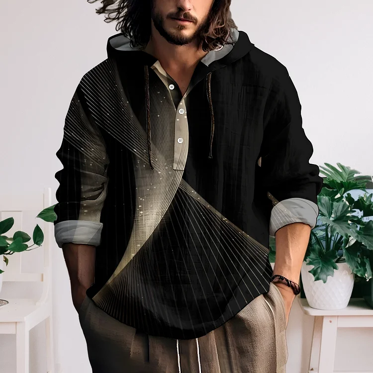 Men's  Hooded Half Open  Made Of Linen Fabric Sweatershirt
