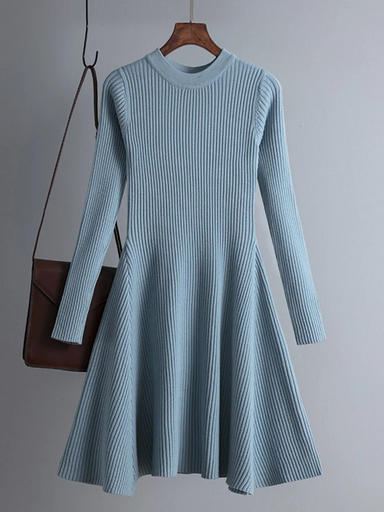 Mayoulove Women's Sweater Dress Knitted Long Sleeve Solid Color Slim A Line Dresses-Mayoulove