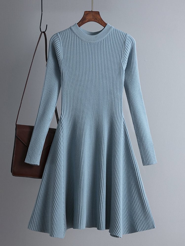 Mayoulove Women's Sweater Dress Knitted Long Sleeve Solid Color Slim A Line Dresses-Mayoulove