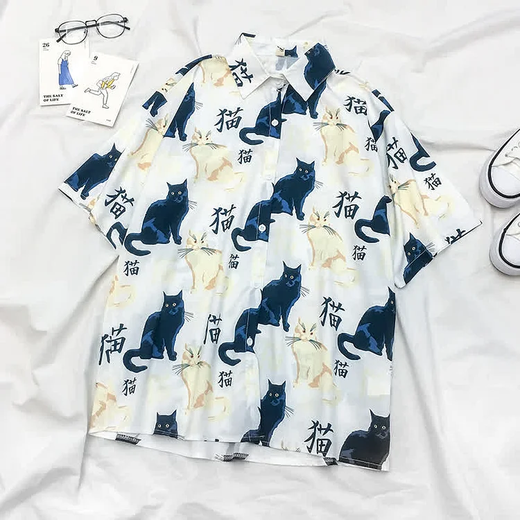 Vintage Cat Print Loose Shirt - Modakawa Modakawa