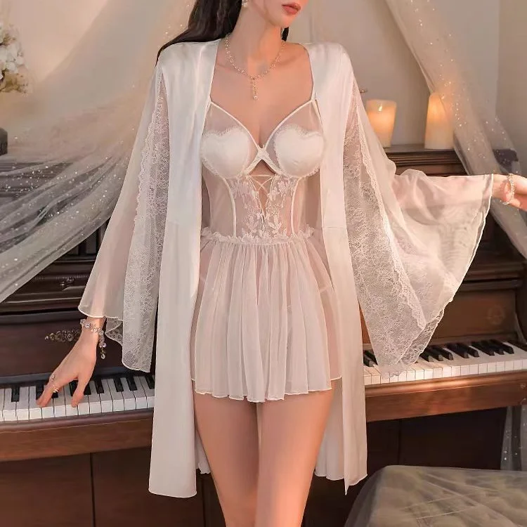 Sdrawing Sdrawing Nightgown Women's Pure-Sensive High-End Sleeprobe 2025 New Spring And Autumn Ice Silk Splicing Lace Bathrobe Morning Robe