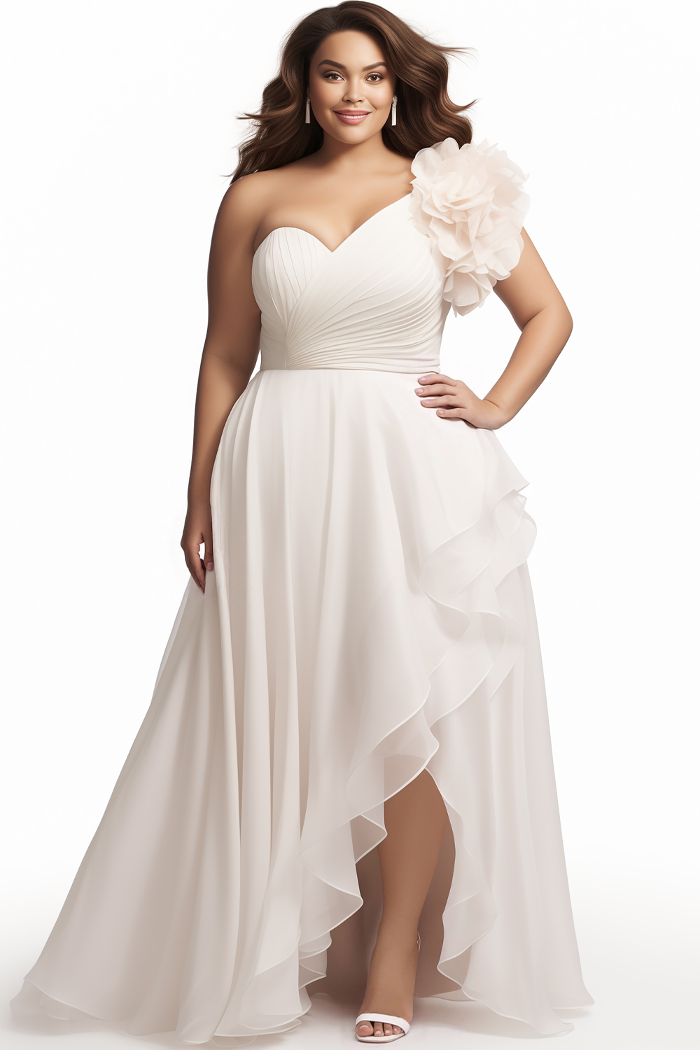 Flycurvy Plus Size Bridesmaid Off White Chiffon 3D Floral Decoration Asymmetrical Hem Maxi Dress 2024 - Flycurvy 