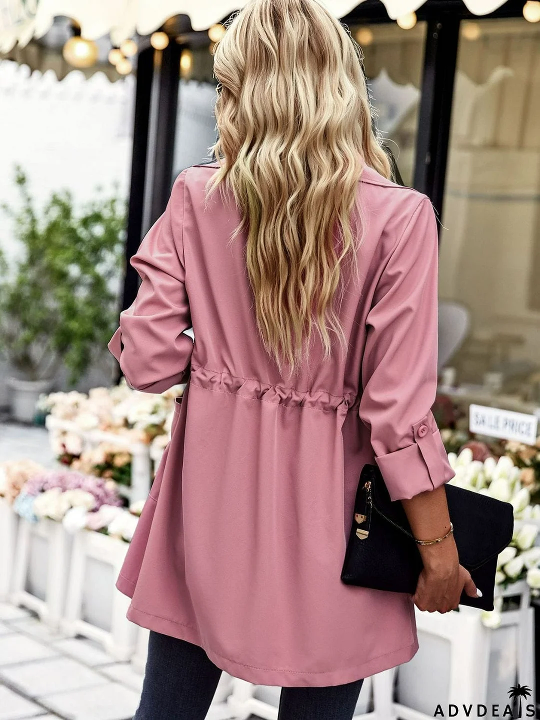 Open Front Drawstring Trench Coat with Pockets