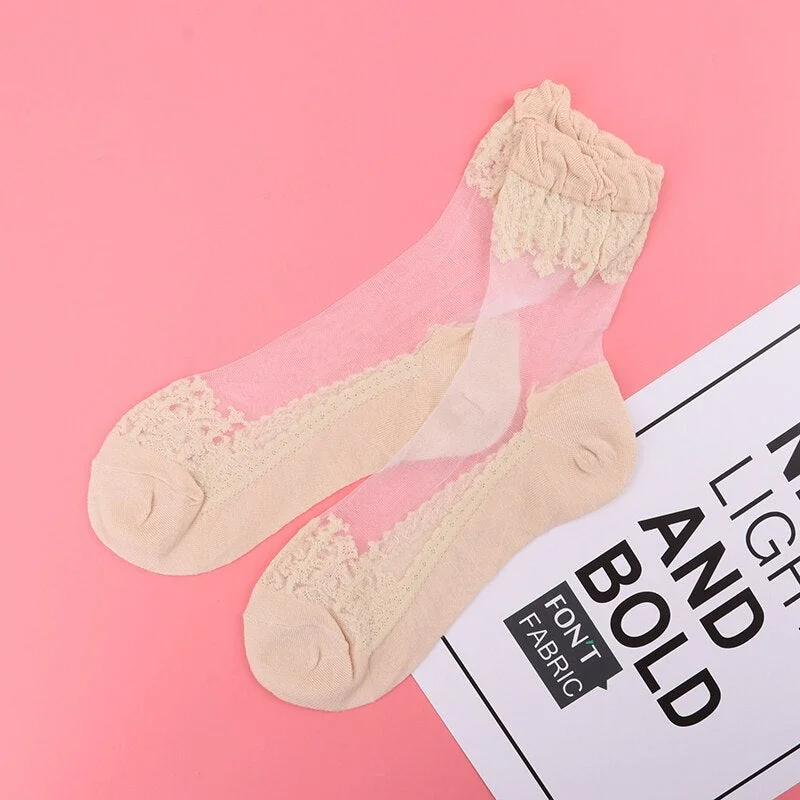 2020 Elastic Socks Crystal Glass Silk Ultrathin Lace Literary Sale 5 Pairs Summer Transparent Short Socks