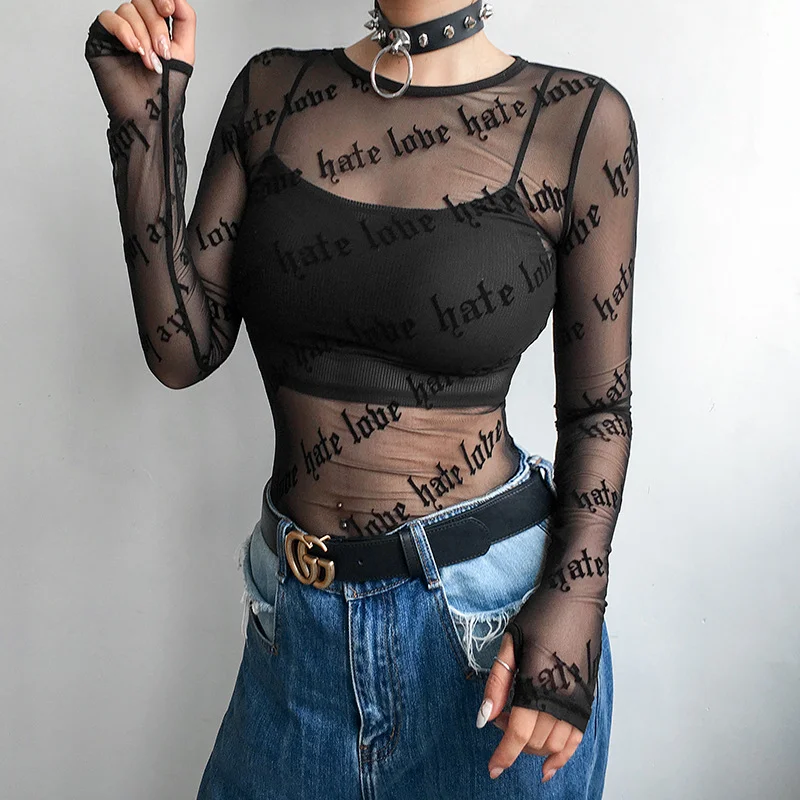 Churchf Churchf Letter Personality Print Perspective Sexy Mesh Long Sleeve T-Shirt Top Female
