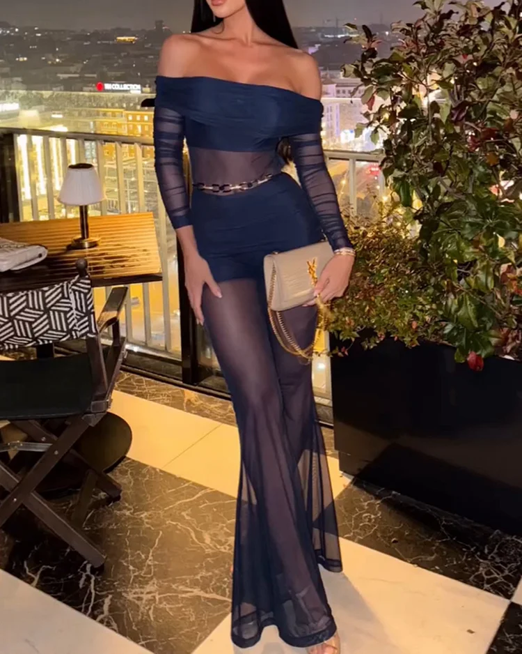 Women's solid color semi-transparent jumpsuit