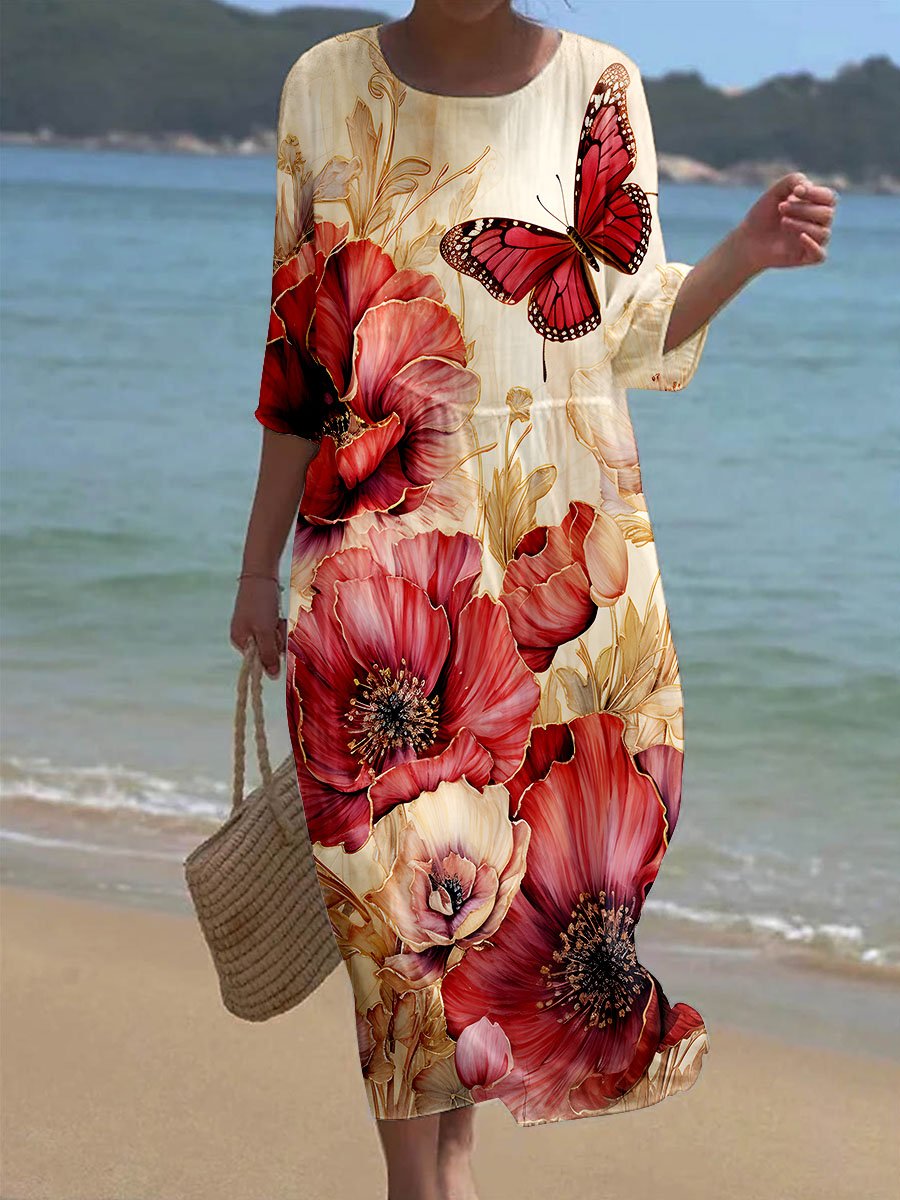 Women's Poppy Flower Art Printed Casual Holiday Dress