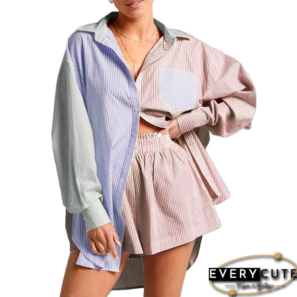 Brown Colorblock Long Sleeve Shirt with Shorts Set