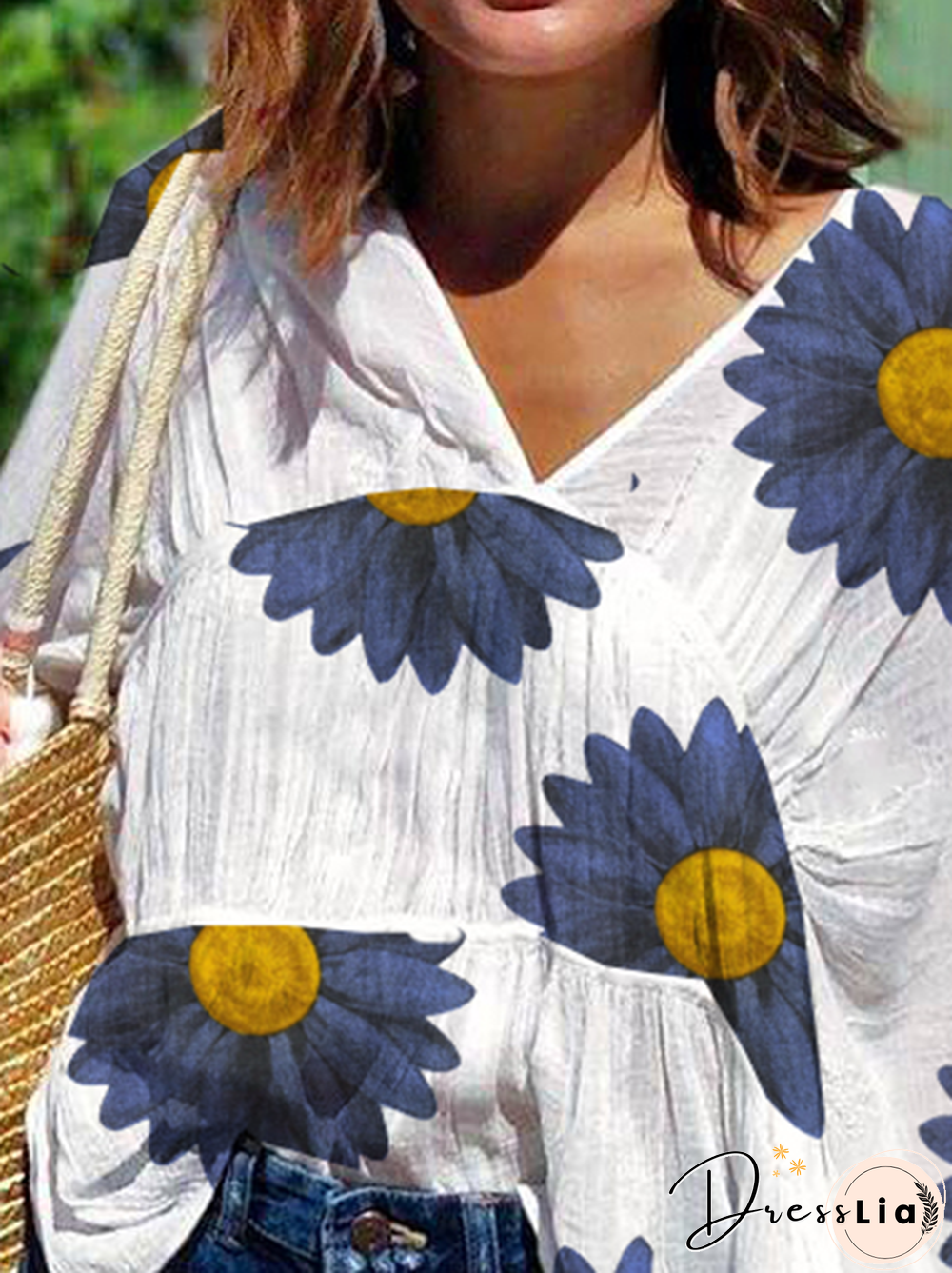 White-Blue Floral Batwing Cotton V Neck Shirts & Tops