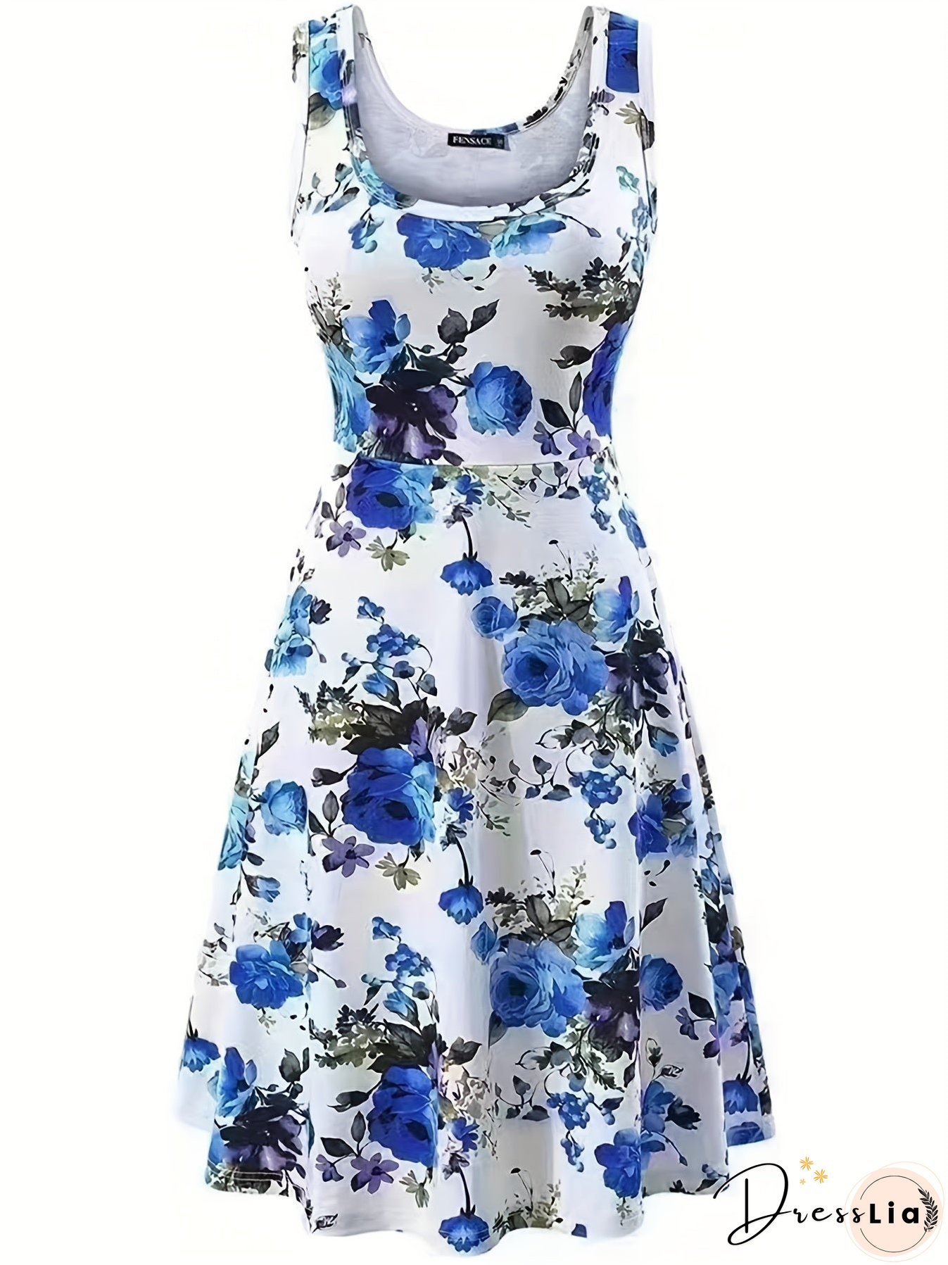 Plus Size Elegant Dress, Women's Plus Floral Print Round Neck Medium Stretch Tank Dress
