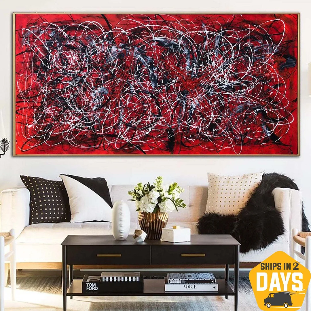 Jackson Pollock Style Paintings On Bright Red Canvas Modern Abstract Colorful Fine Art Handmade Wall Art Room Decor | SCARLET DREAMS 39.37"x78.74"