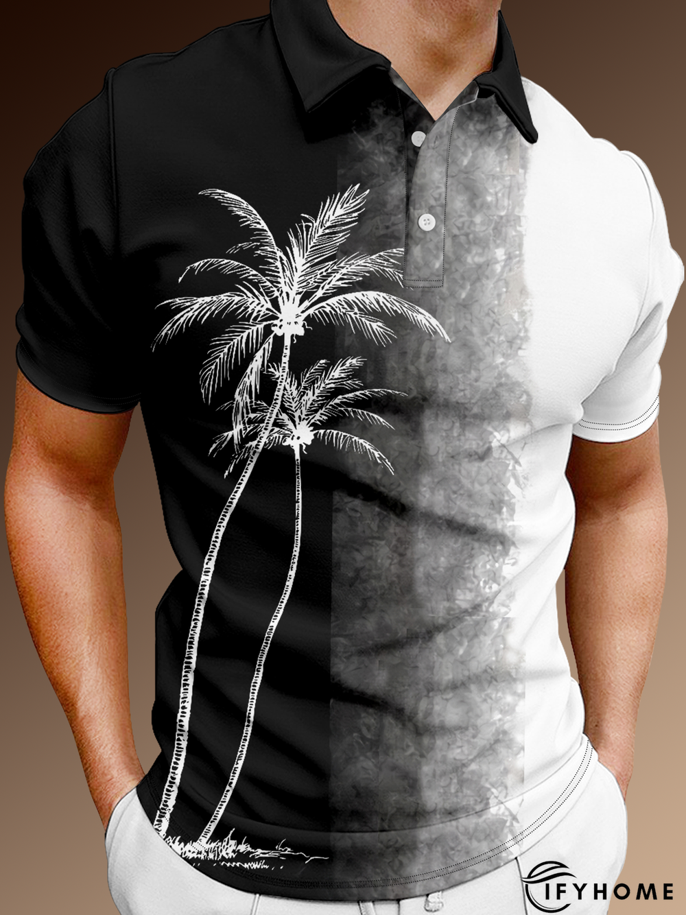 Resort Style Hawaii Series Gradient Color Plant Coconut Tree Element Pattern Lapel Short-Sleeved Polo Print Top | IFYHOME