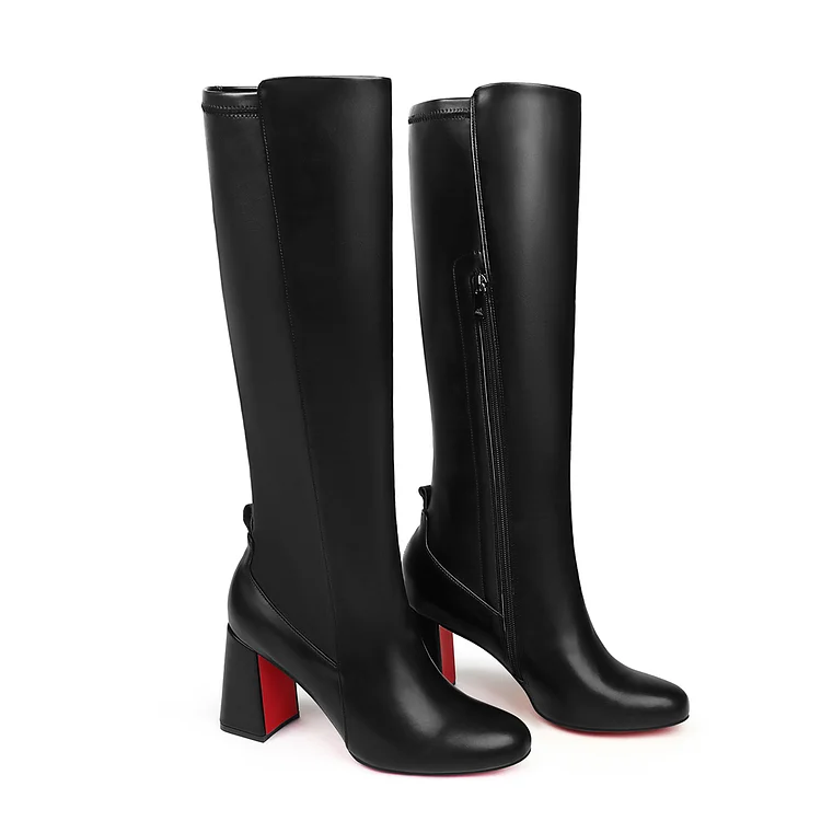 85mm Women's Knee Boots Chunky Heel Round Toe Red Bottom Black Matte Knee Boots VOCOSI VOCOSI