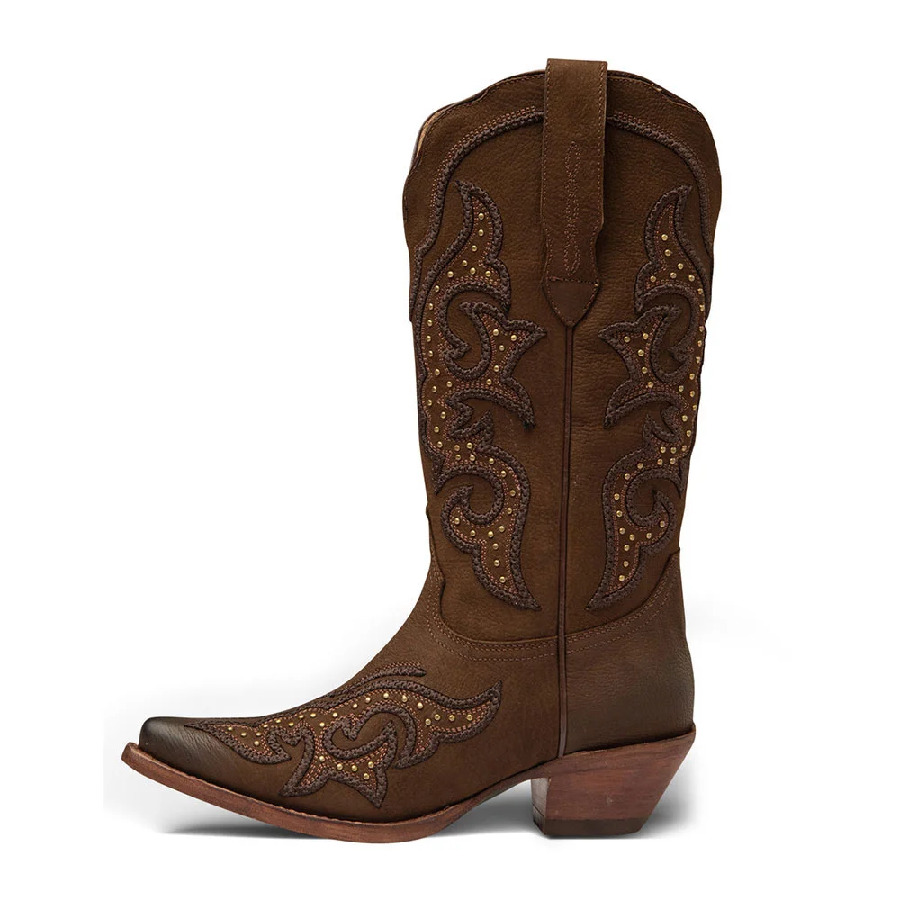 Brown Vegan Leather Chunky Heel Studded Cowgirl Boots with Embroidery
