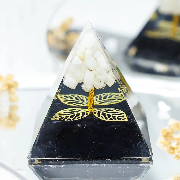 White Jade With Black Tourmaline Leaf Orgone Pyramid 