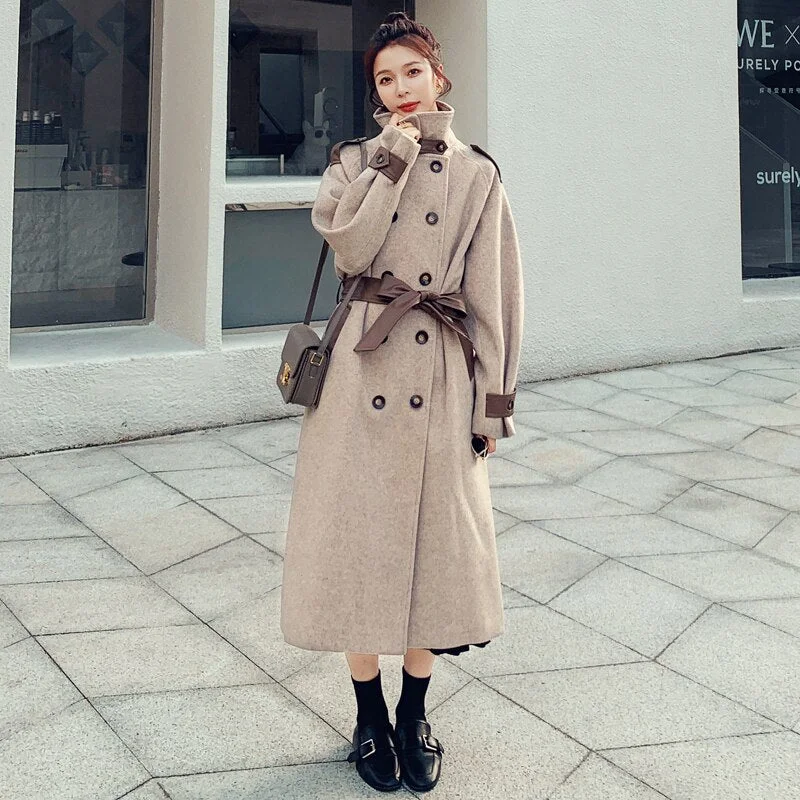 England Style Winter Long Wool Blend Coats for Women Double-breasted Overcoat with PU Leather Belts Lady Outerwear Warm Thick