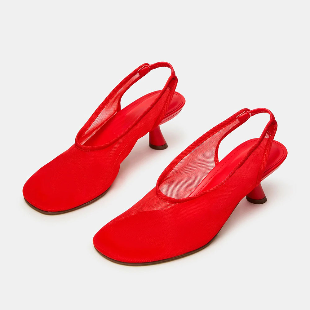 Simple Mesh Round Toe Slip-On Kitten Heel Pumps in Red Nicepairs