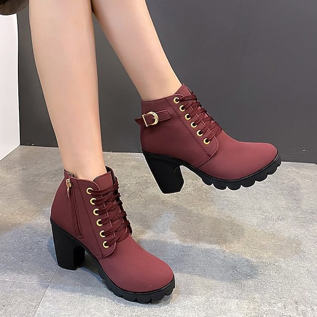 Women's Boots Buckle Lace-up Pumps Round Toe Ankle Boots