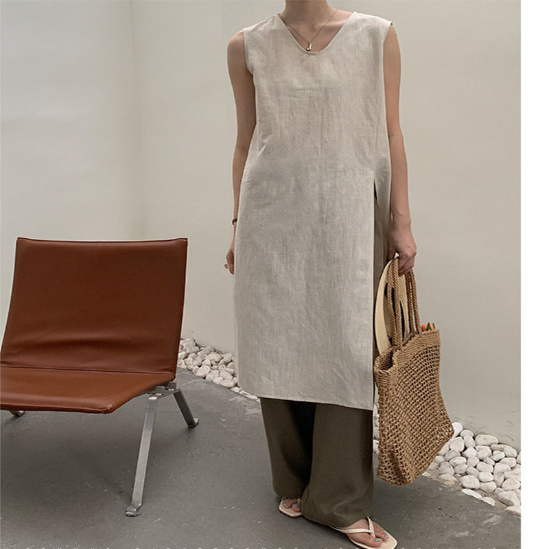 Simple Sleeveless Linen Long Shirt-coollova:luchamp