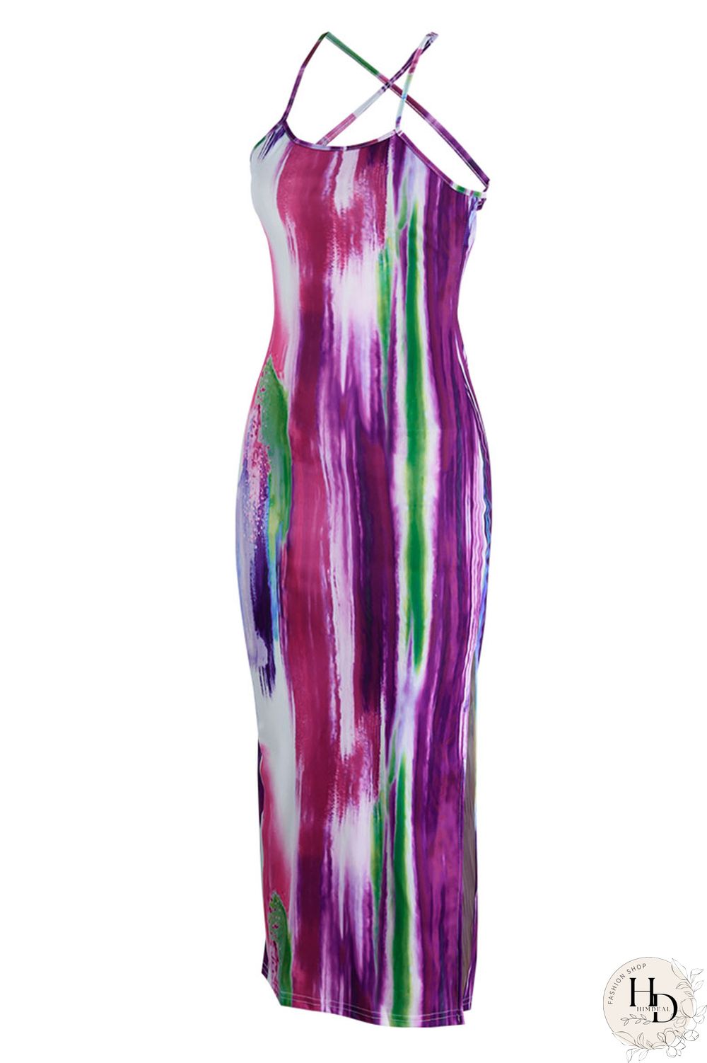 Yellow Sexy Print Hollowed Out Patchwork Slit Spaghetti Strap One Step Skirt Dresses