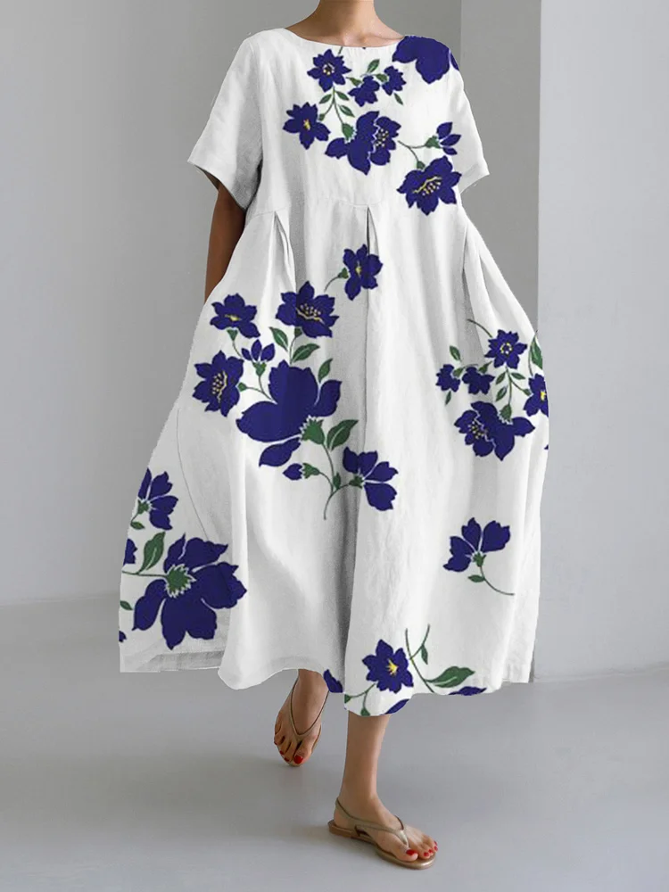 Women's spring and summer casual loose round neck floral skirt dress