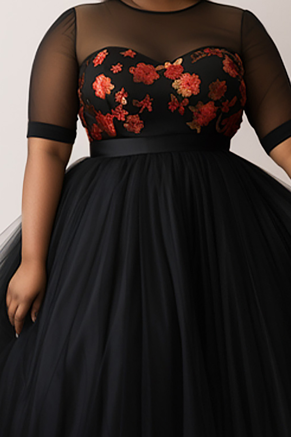 Design Plus Size Semi Formal Elegant Black Floral Round Neck Short Sleeve See Through Mesh Midi Dresses [Pre-Order]