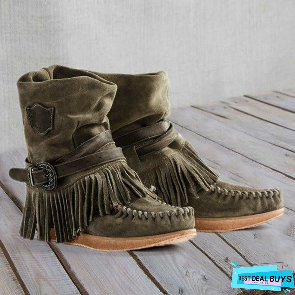 Women's Fringe Round Toe Retro Boots