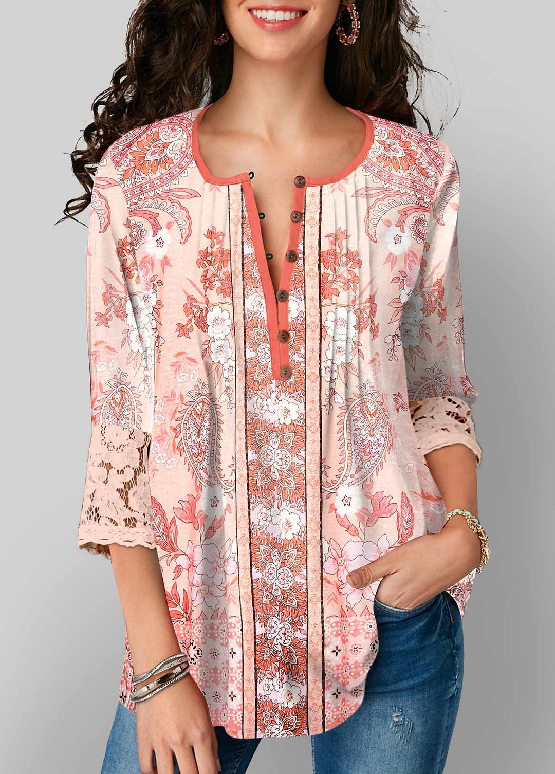 Crinkle Chest Pink Paisley Print Blouse