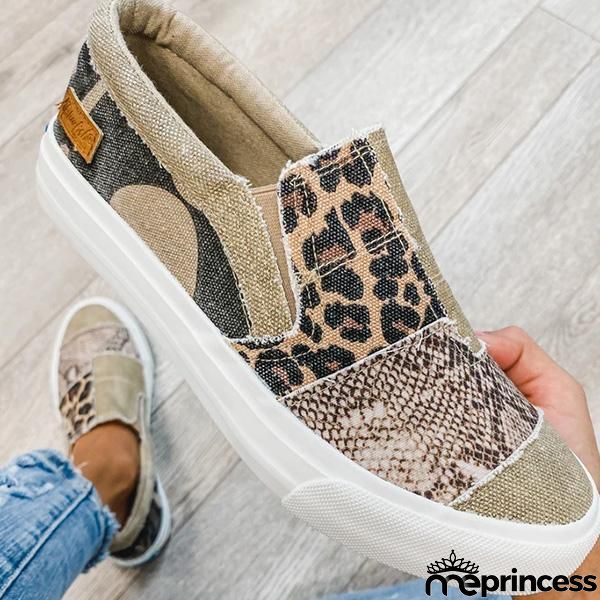 Lydiashoes Pieced Raw Edge Animal Print Canvas Slip-On Flats