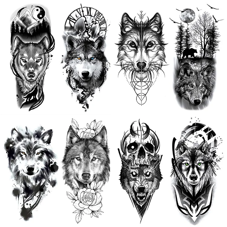 8 Sheets Wolf Totem Skull Forest Temporary Tattoo