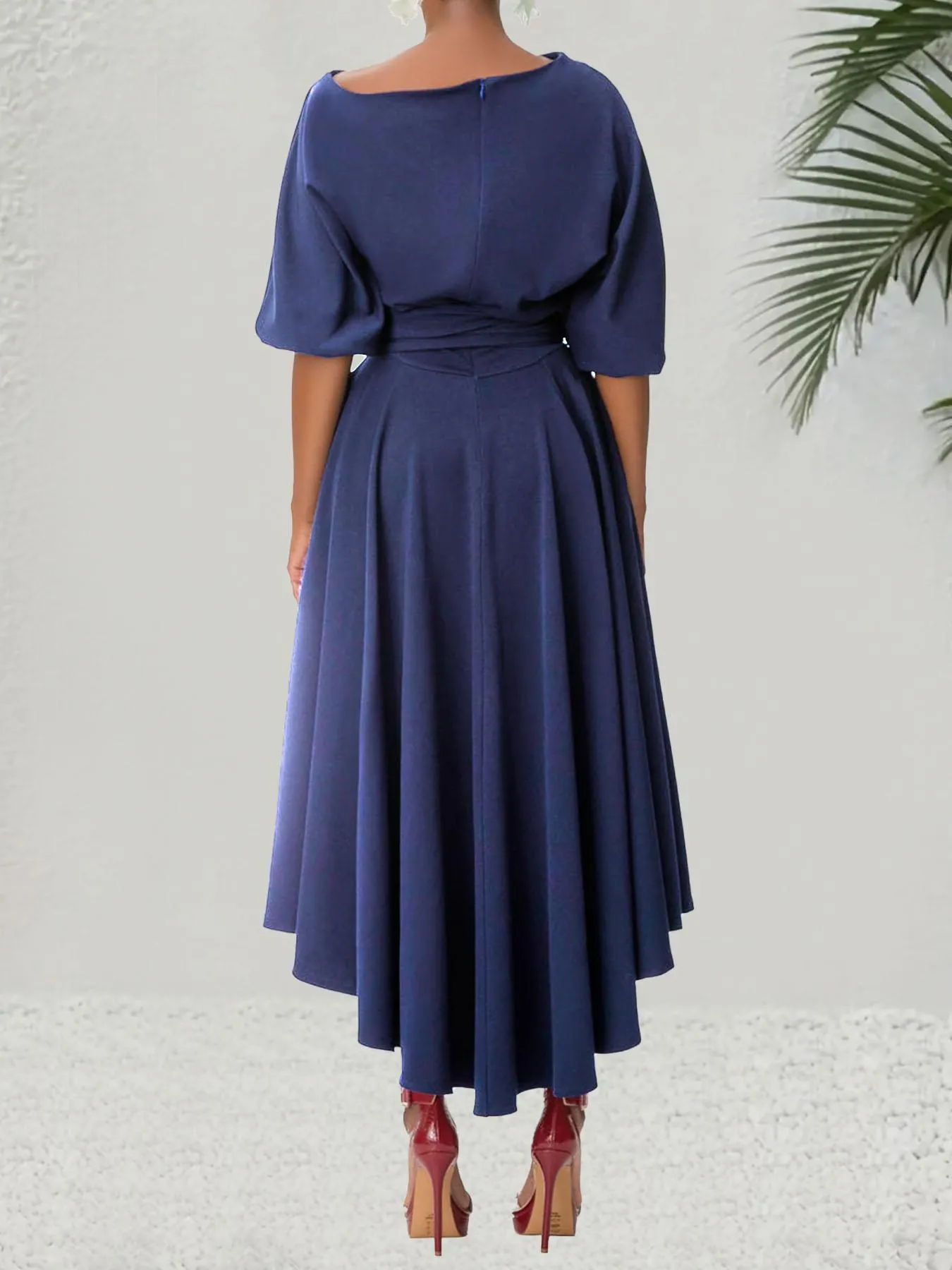 Women's Plain Belted Split Boat Neck Dress, Elegant Bishop Sleeve A Line Dress for Summer, Summer Outfits 2024, Fashion Women's Dress for Casual Daily Wear, Womenswear Women's Plain Belted Split Boat Neck Dress, Elegant Bishop Sleeve A Line Dress for Summer, Summer Outfits 2024, Fashion Women's Dress for Casual Daily Wear, Womenswear