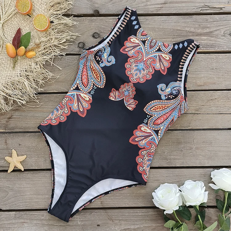 Sleeveless Printed One Piece Swimsuit Flaxmaker