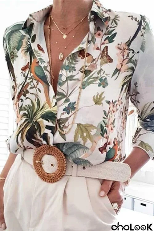 Garden Print Turndown Collar Blouse