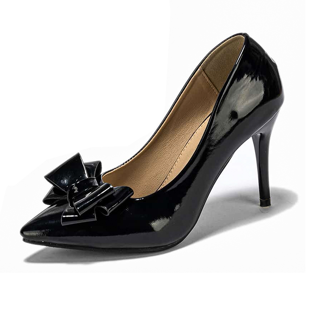 Black Patent Leather Pointed Toe Bow Decorated Pumps for Women Nicepairs