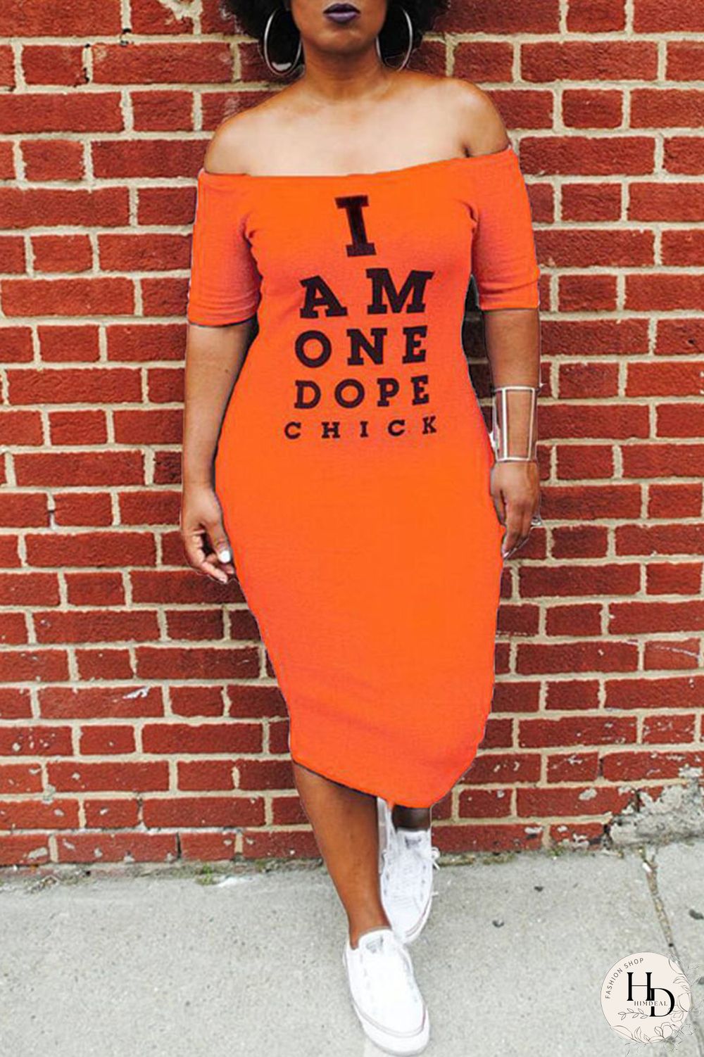 Orange Off The Shoulder Short Sleeves One word collar Mid-Calf Patchwork Casual Dresses