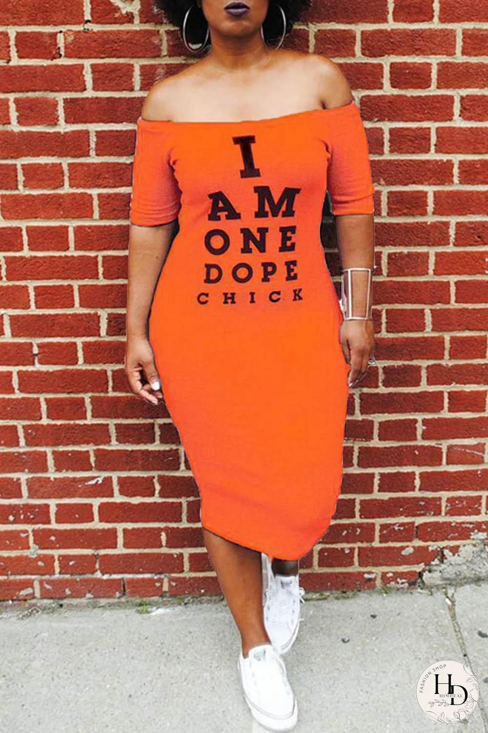 Orange Off The Shoulder Short Sleeves One word collar Mid-Calf Patchwork Casual Dresses