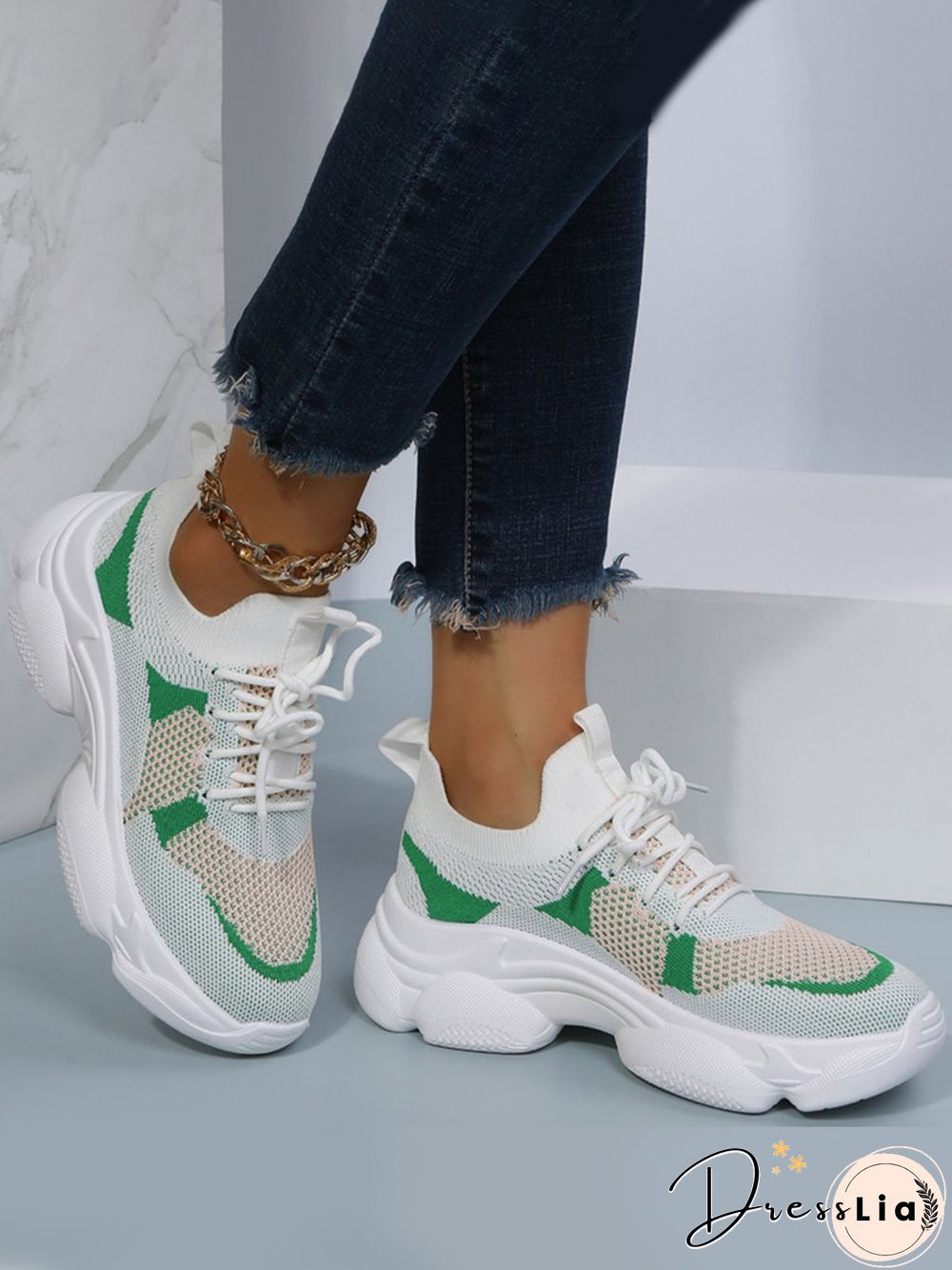 Contrast Flyknit Breathable Mesh Platform Lace-Up Sneakers