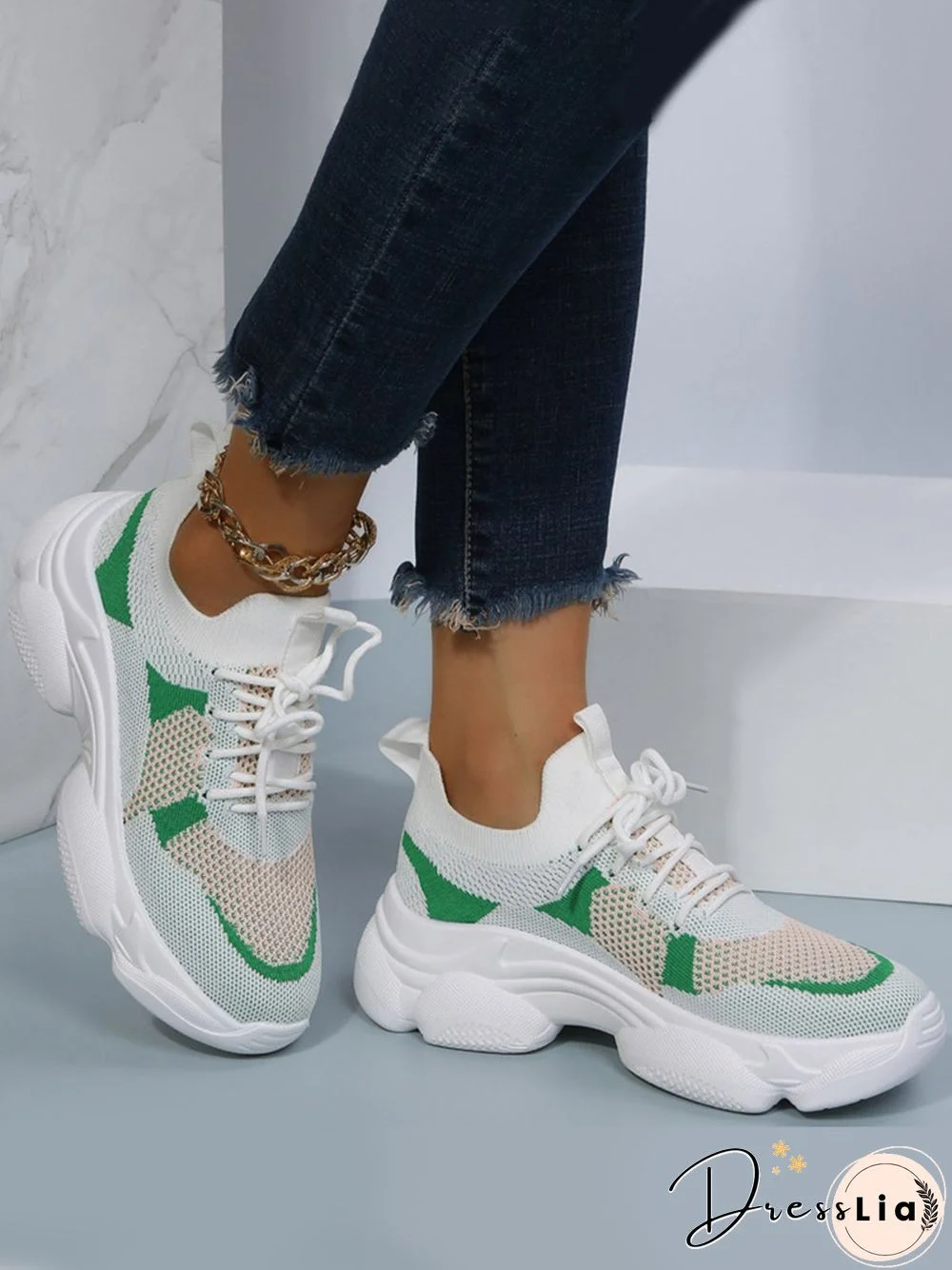 Contrast Flyknit Breathable Mesh Platform Lace-Up Sneakers