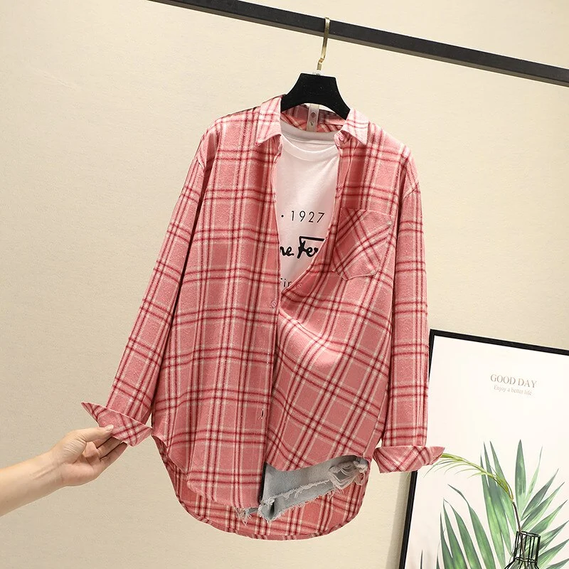 Women Blouses Shirts Tunic Womens Tops 2020 Long Sleeve Clothing Button Up Down Plaid New Fashion Autumn Turn-down Collar Good