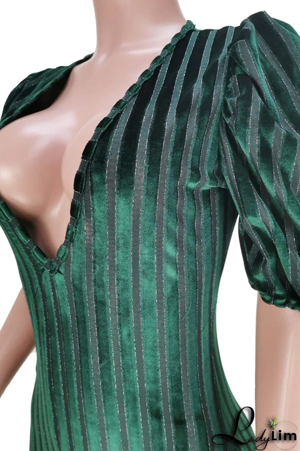 Ink Green Elegant Striped Split Joint V Neck Trumpet Mermaid Dresses