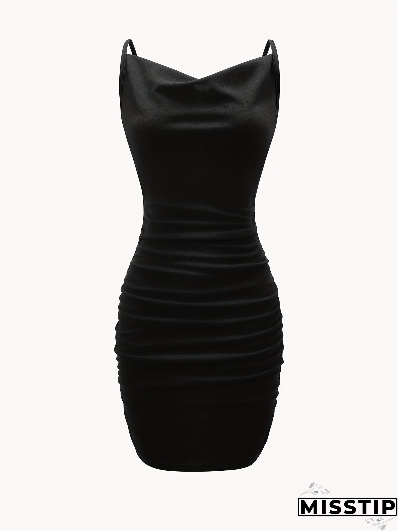 Solid Cowl Neck Mini Dress, Ruched Side Body Con Cami Dress , Women's Clothings