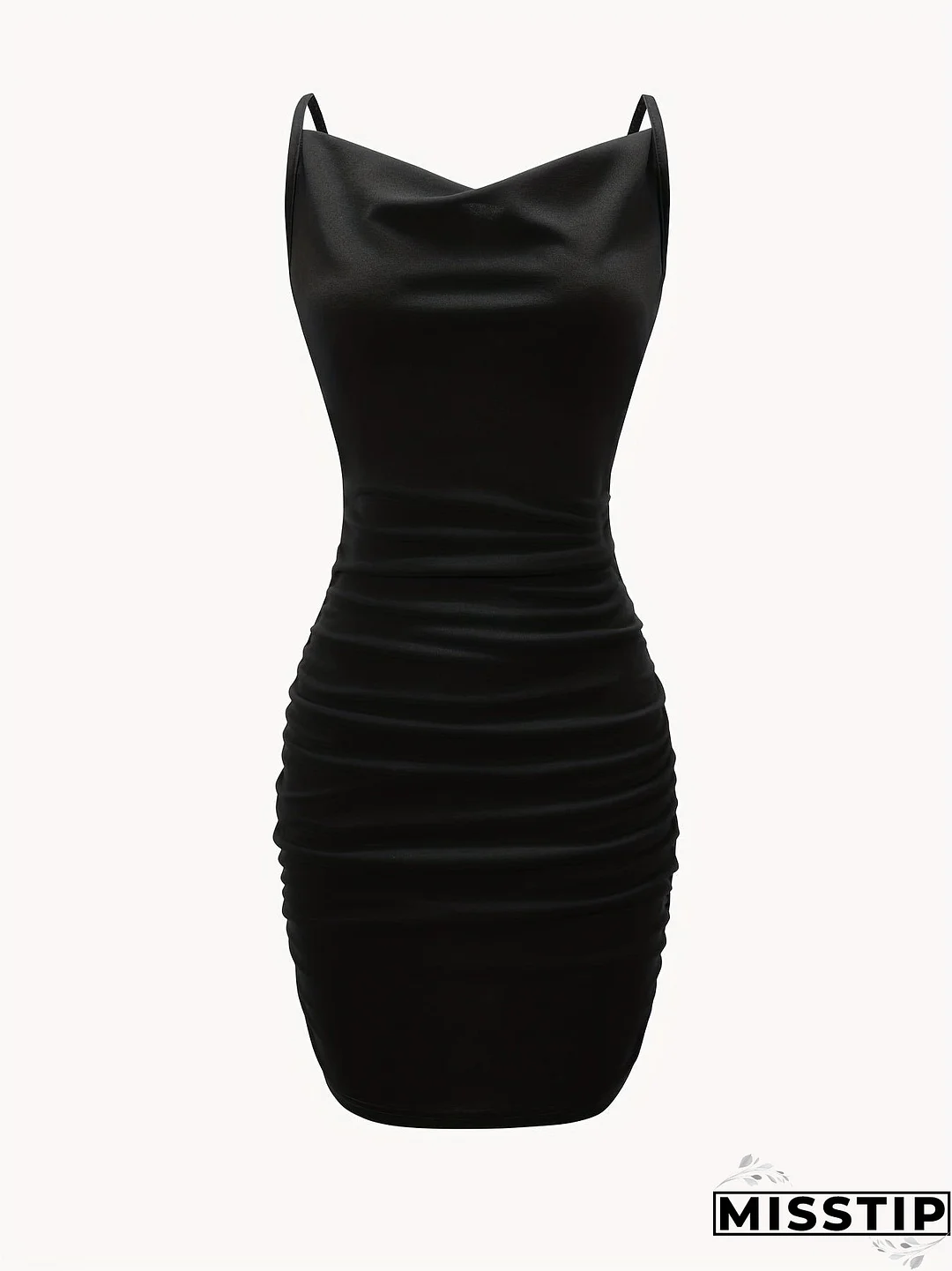 Solid Cowl Neck Mini Dress, Ruched Side Body Con Cami Dress , Women's Clothings