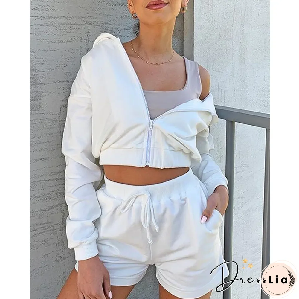 Women Autumn Sexy Solid Outfits New Hooded Zipper Long Sleeve Short Sweatshirts + Sports Shorts Suits Casual Tracksuits 2Pcs Set