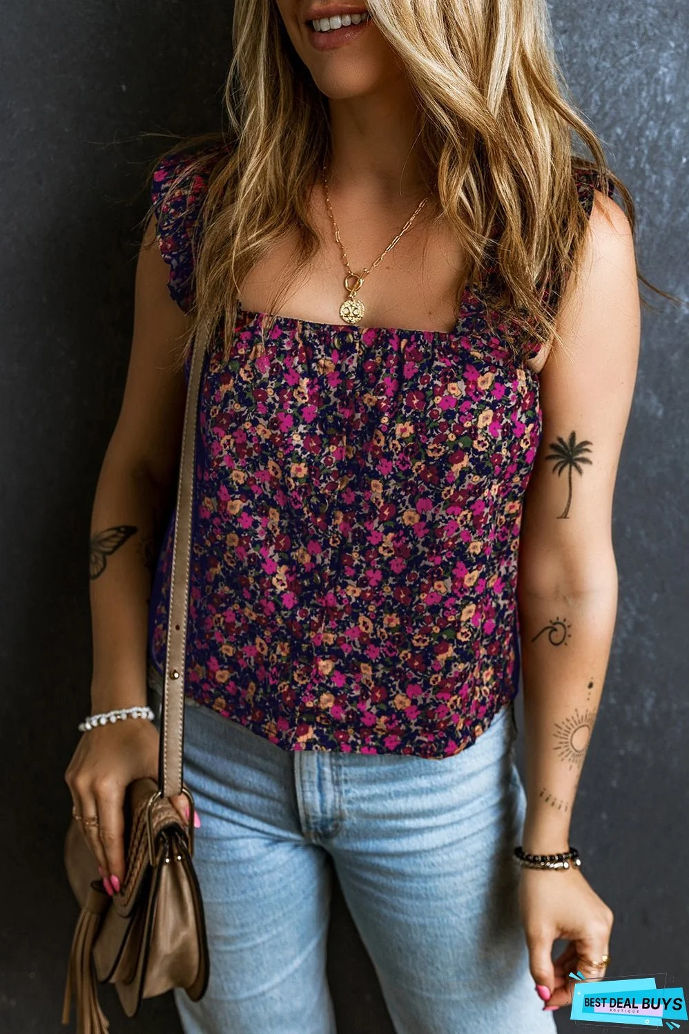 Boho Frilled Straps Floral Tank Top