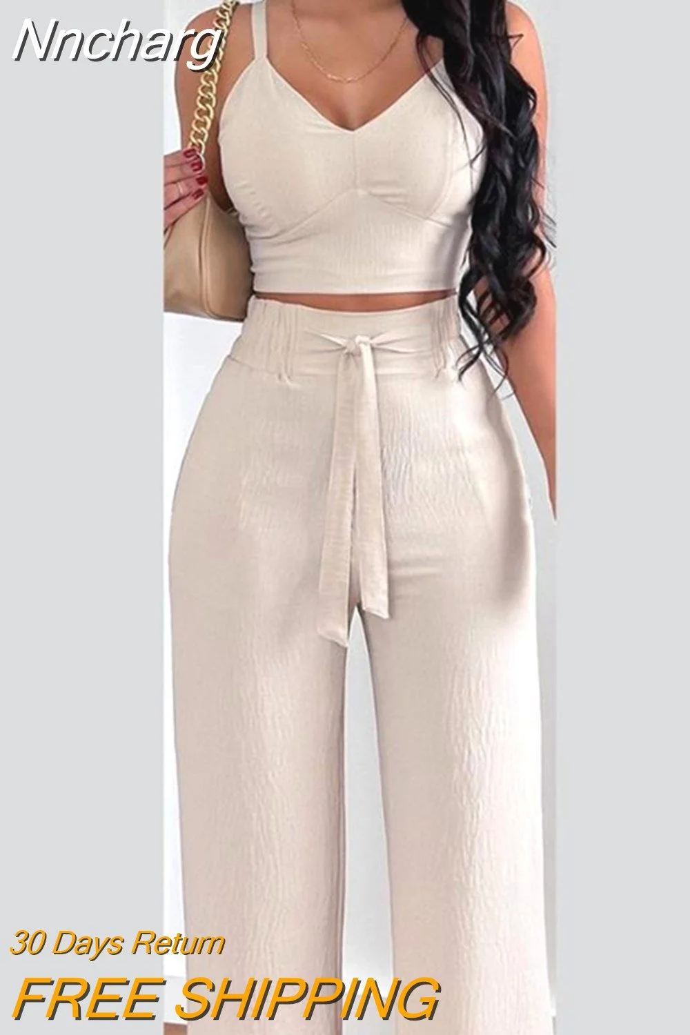 Nncharge Piece Sets Womens Outifits Summer Fashion Shirred Plain V-Neck Sleeveless Crop Top & Casual Pocket Design Wide Leg Pants Set