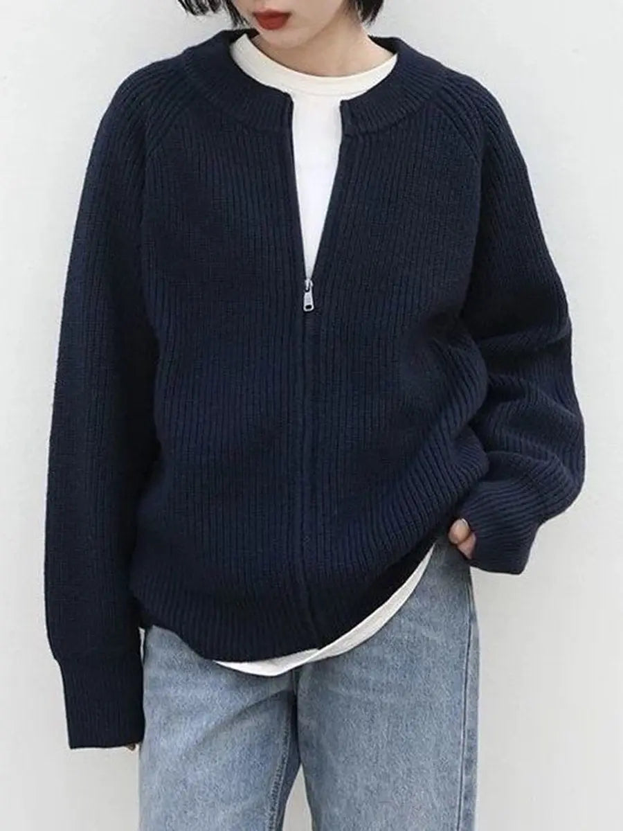 Round Neck Collar Solid Zip Knit Cardigan