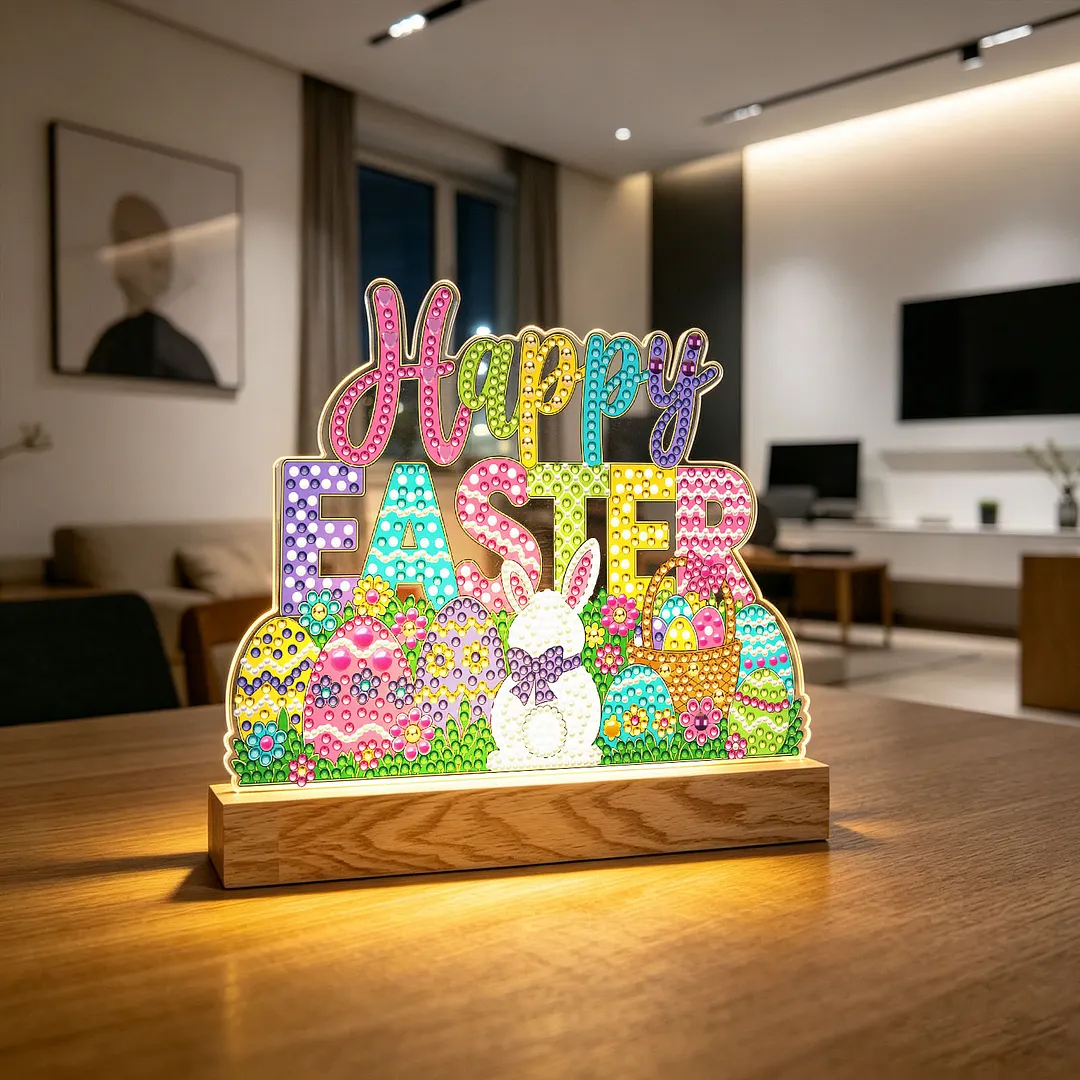 Easter DIY Acrylic Diamond Painting Night Light for Adults Beginner Diamond Art Table Lamp with Wooden Base for Woman Man Desk Bedroom Tabletop Decor