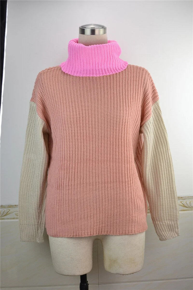 Fitshinling Patchwork Turtleneck Women Knitted Sweater 2021 New Arrival Boho Pullover Fashion Slim Jumper Vintage Winter Tops