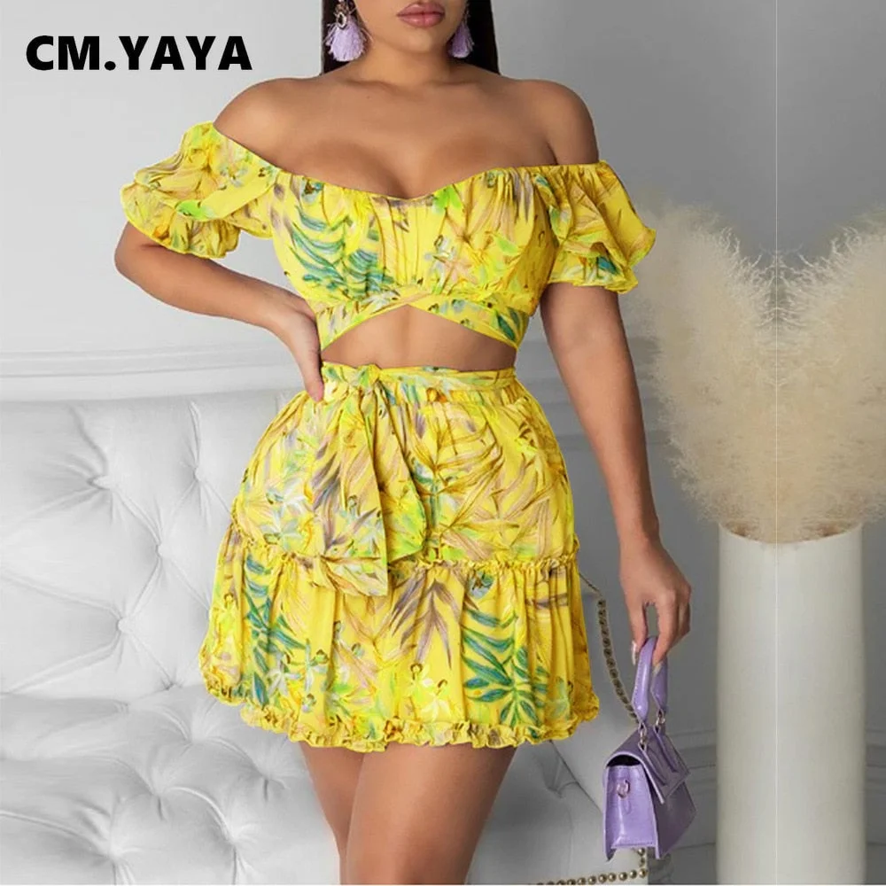 CM.YAYA Foral Beach Bohemian Women's Tracksuit Mini Pleated Skirts Set with Crop Tops Matching Two 2 Piece Set Active Sweatsuit